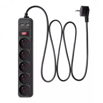 Akyga AK-SP-05U régua de tomadas com proteção contra sobretensão, 5x CEE 7/5 (Type E), 2x USB-A, 1,8 m, preto