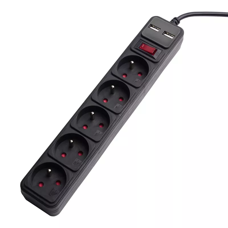 Akyga AK-SP-05U régua de tomadas com proteção contra sobretensão, 5x CEE 7/5 (tipo E), 2x USB-A, 1,8 m, preto