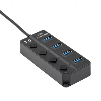 Akyga AK-AD-33 hub USB 3.0 ativo, 4 portas com interruptores individuais, 15 cm, preto