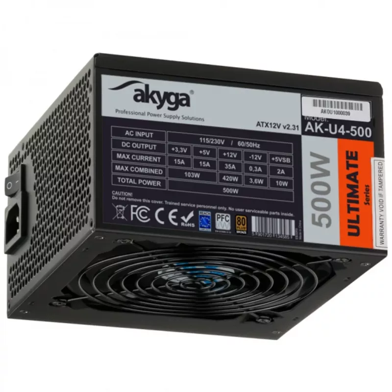 Akyga Ultimate AK-U4-500 fonte de alimentação ATX 500 W, 80 PLUS Bronze, PFC ativo, ventoinha de 120 mm