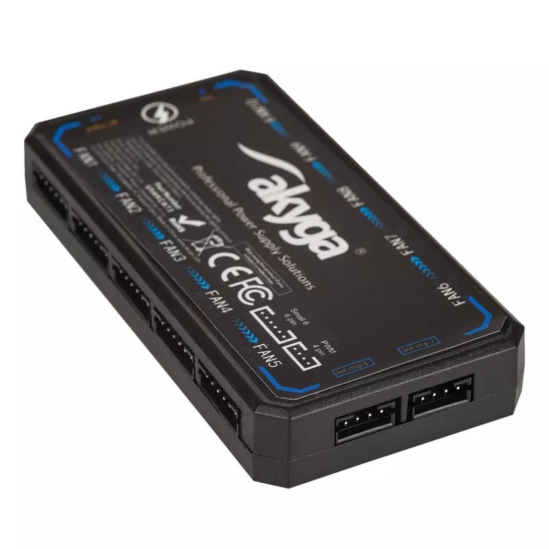 Akyga AK-CA-73 controlador de ventoinhas RGB com comando, 12 ligações (10 ventoinhas + 2 fitas LED), alimentação Molex
