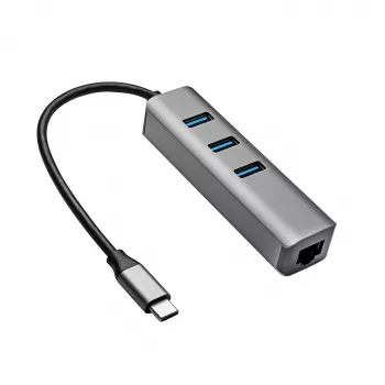 Hub USB-C Akyga AK-AD-66 com 3x USB 3.0 e Gigabit Ethernet, 15 cm, preto