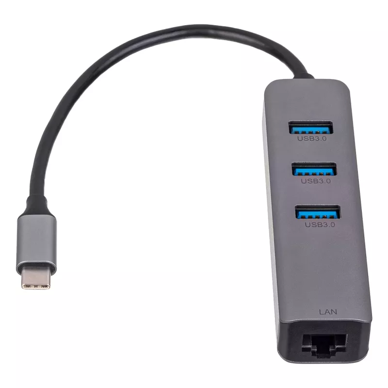 Hub USB-C Akyga AK-AD-66 com 3x USB 3.0 e Gigabit Ethernet, 15 cm, preto