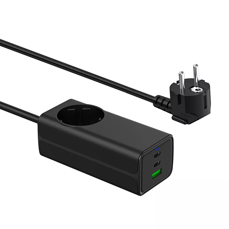Carregador USB GaN Akyga AK-CH-21 65 W, 2 x USB-C + USB-A, com tomada, 1,5 m, preto