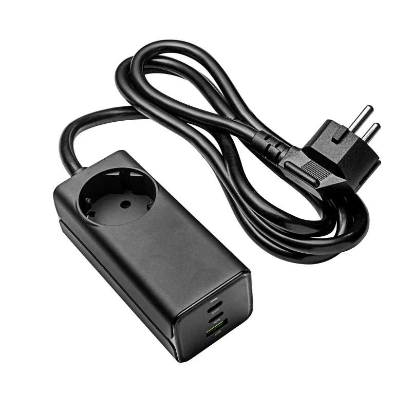 Carregador USB GaN Akyga AK-CH-21 65 W, 2 x USB-C + USB-A, com tomada, 1,5 m, preto
