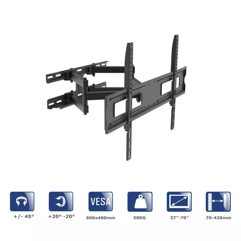 Suporte de parede para TV articulado Akyga AK-MB-10, 37-70 polegadas, 50 kg, VESA 600x400, rotação ±45°, inclinação ±20°, preto