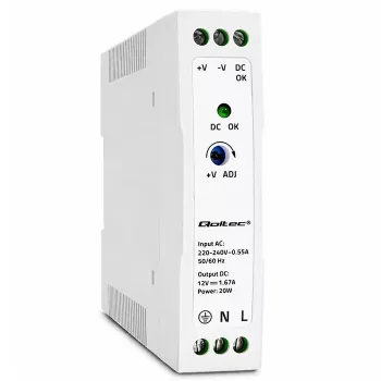 Qoltec Fonte de Alimentação para Calha DIN 20W 12V 1.67A Branco Slim