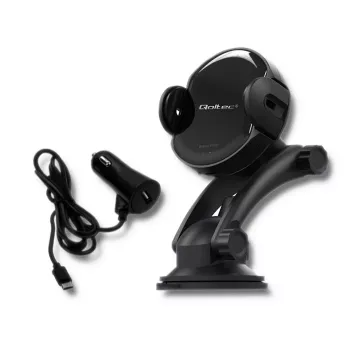 Carregador de automóvel sem fios Qoltec PRO com suporte IR 15W QC 3.0 USB Type-C preto