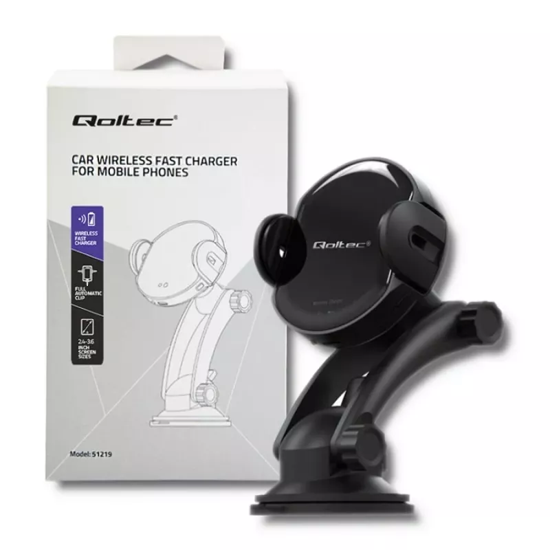 Carregador de automóvel sem fios Qoltec PRO com suporte IR 15W QC 3.0 USB Type-C preto