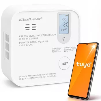 Detetor de monóxido de carbono (CO) sem fios certificado Qoltec com pilha, detetor de CO, TUYA, Wi-Fi, vida útil do sensor 10 anos, alarme 85dB, LED