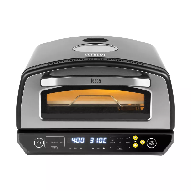 Forno de pizza TEESA SUPREME ELITE 2200 W, 450°C, aquecimento duplo, janela, LED, 33 cm, vários programas de cozedura