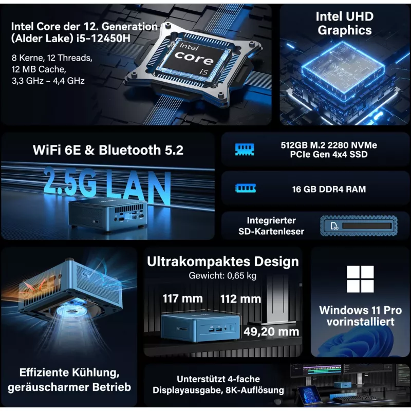 Mini PC GEEKOM IT12, Intel Core i7-1260P, 16GB RAM, 500GB SSD, Windows 11 Pro, azul
