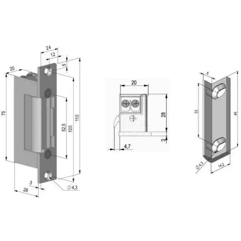 SCOT ES-S12AC/DC-B PROFI fechadura elétrica simétrica com trinco, 12V AC/DC, Fail-Secure, força de retenção de 3000N, cinzento/prateado