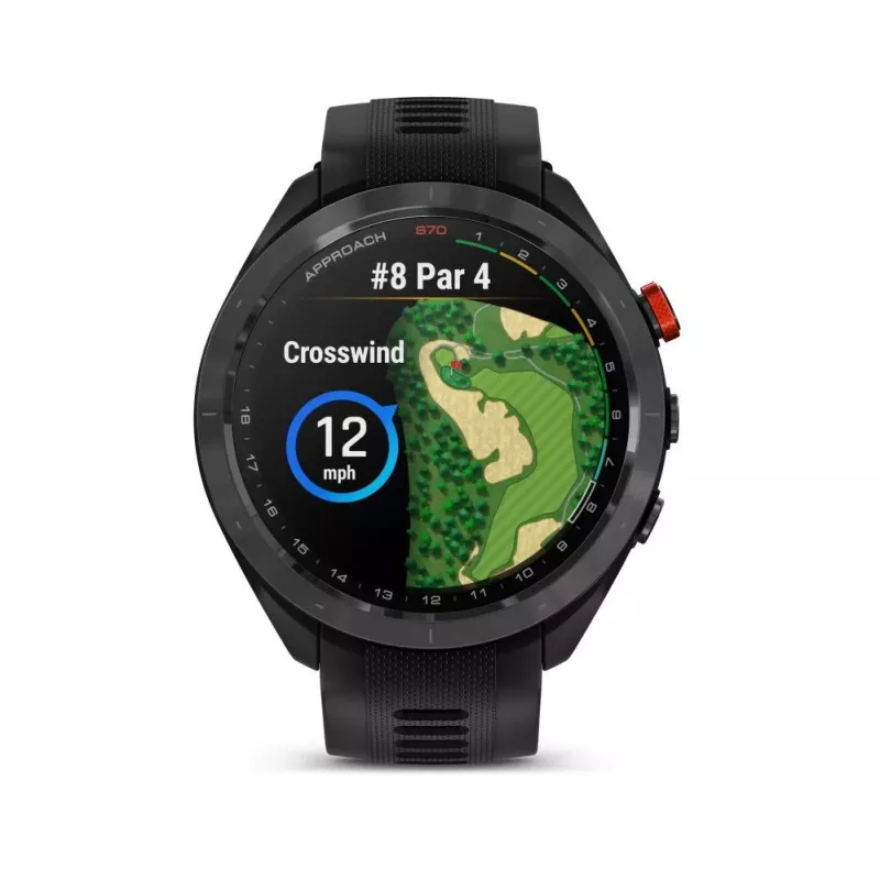 Smartwatch de golfe Garmin Approach S70 47 mm GPS – luneta de cerâmica preta/vermelha com bracelete de silicone preto