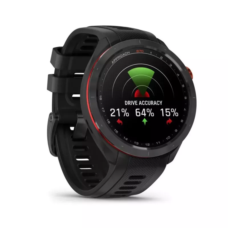 Smartwatch de golfe Garmin Approach S70 47 mm GPS – luneta de cerâmica preta/vermelha com bracelete de silicone preto