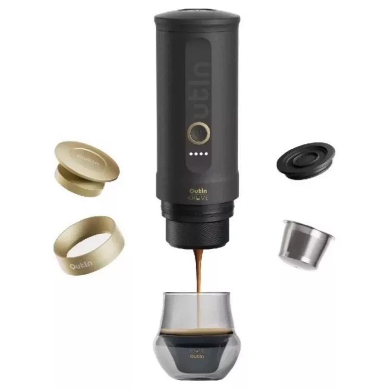 Conjunto de presente de cafeteira de espresso portátil OutIn Nano x Kruve preto/dourado