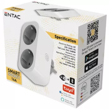 ENTAC Adaptador de Tomada Dupla Inteligente WiFi ES-DSA-WIBLE, Branco, 2 Tomadas, 3680 W