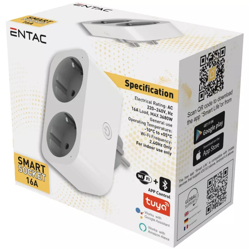 ENTAC Adaptador de Tomada Dupla Inteligente WiFi ES-DSA-WIBLE, Branco, 2 Tomadas, 3680 W