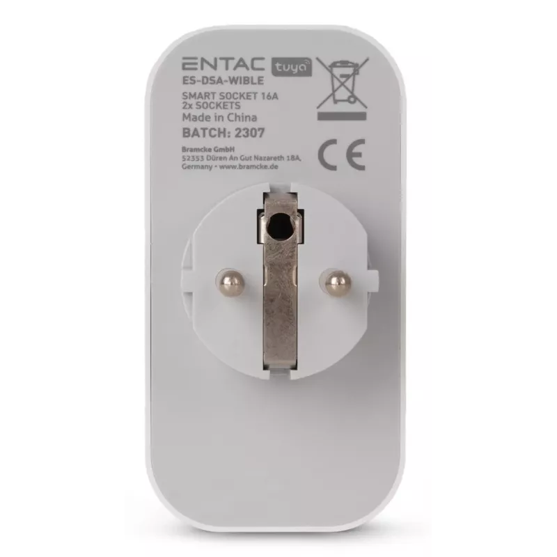 ENTAC Adaptador de Tomada Dupla Inteligente WiFi ES-DSA-WIBLE, Branco, 2 Tomadas, 3680 W