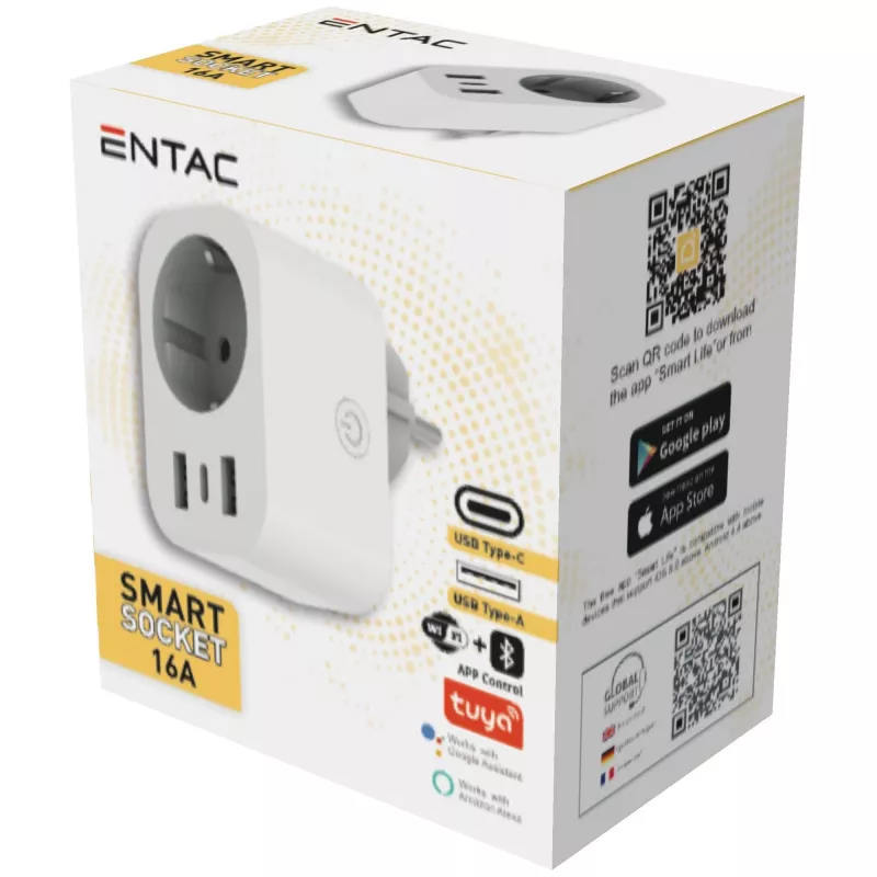 ENTAC Ficha Inteligente WiFi 1x Schuko com 2x USB-A e 1x USB-C, Branco