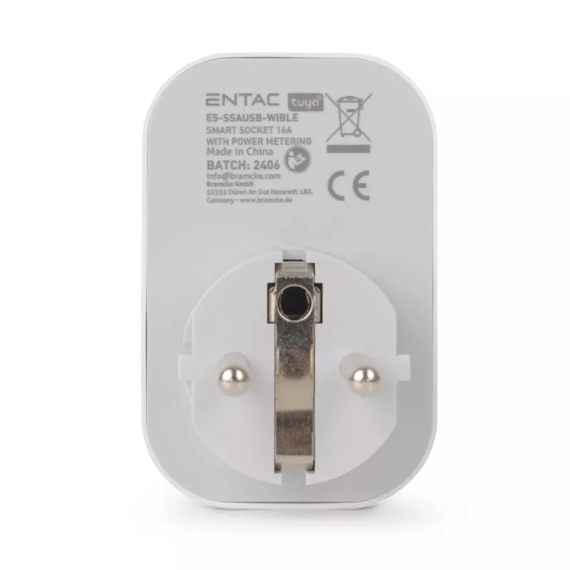 ENTAC Ficha Inteligente WiFi 1x Schuko com 2x USB-A e 1x USB-C, Branco