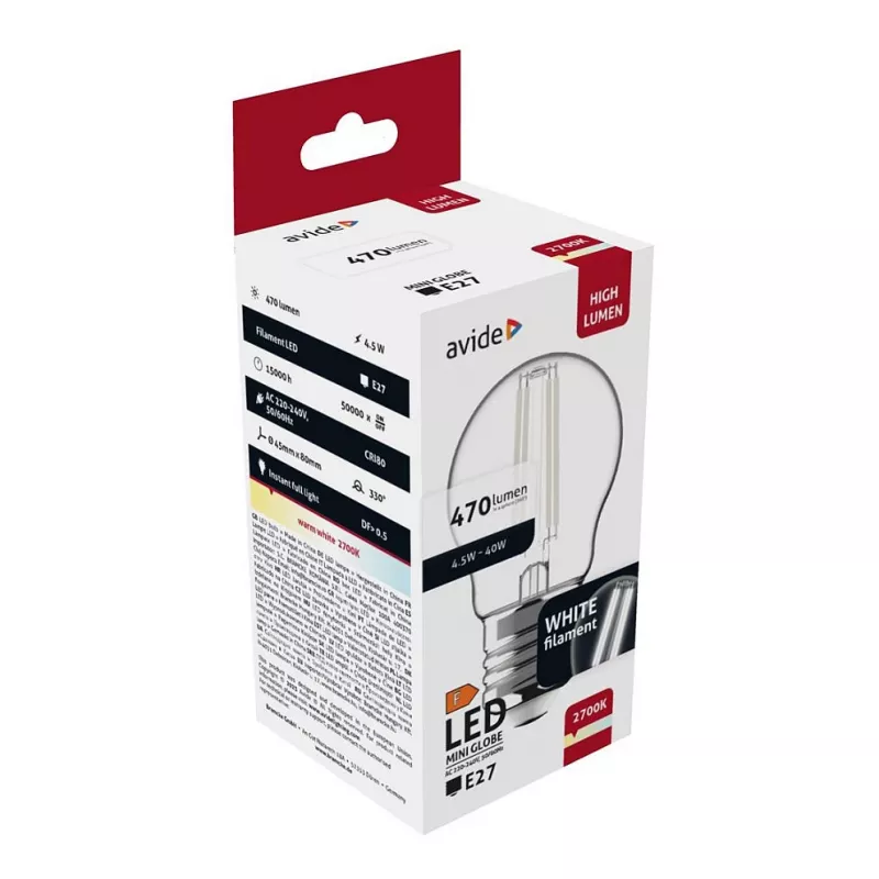 Avide lâmpada LED White Filament Mini Globe 4,5W E27 branco quente 2700K