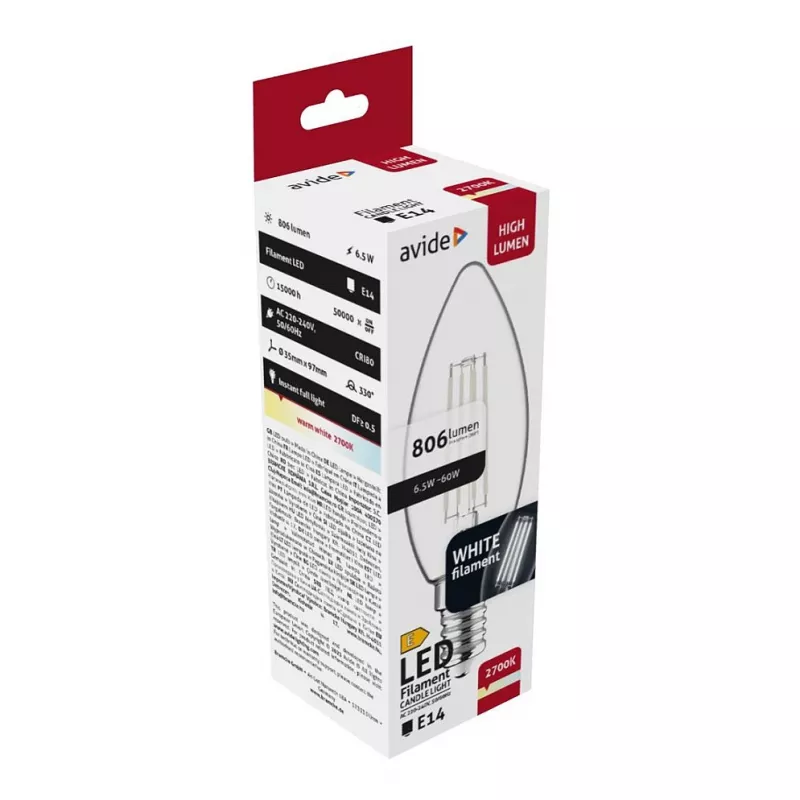 Avide Lâmpada LED Filament Candle 6,5W E14 Branco Quente 2700K
