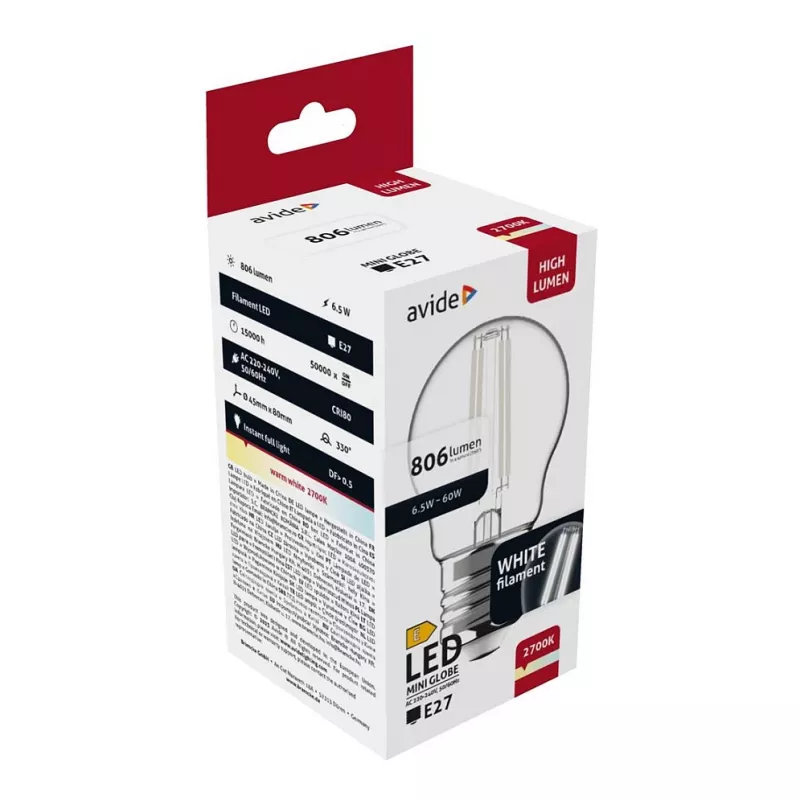 Avide Lâmpada LED Filament Mini Globe 6,5W E27 Branco Quente 2700K