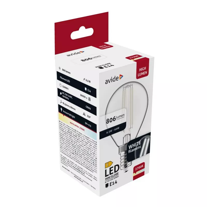 Avide lâmpada LED White Filament Mini Globe 6,5W E14 branco quente 2700K