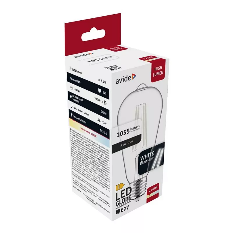 Avide lâmpada LED White Filament ST64 8,5W E27 branco quente 2700K