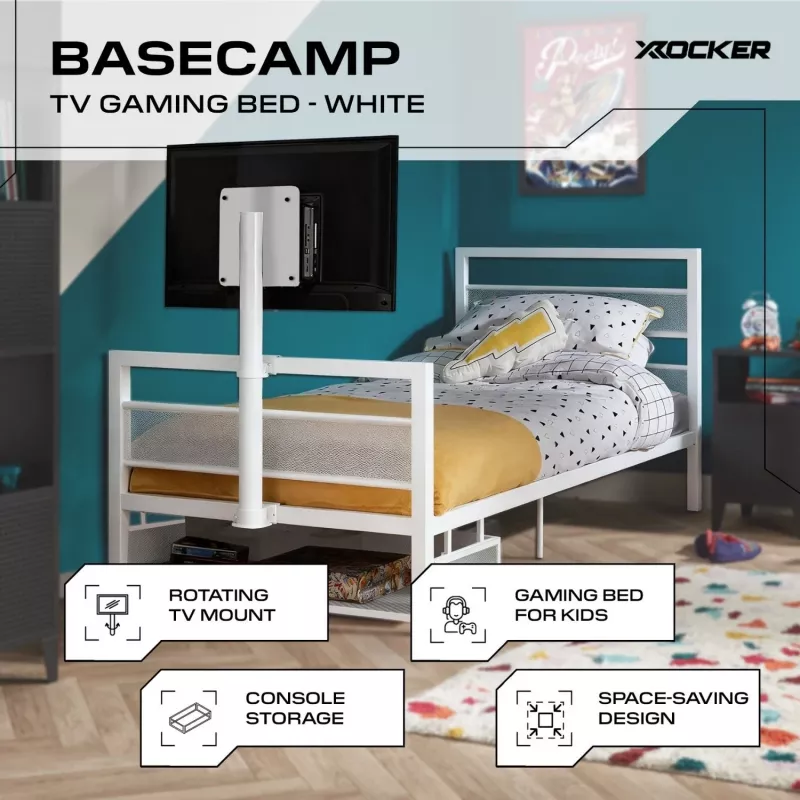 Cama individual de gaming XROCKER 90x190cm com suporte de TV metal branco