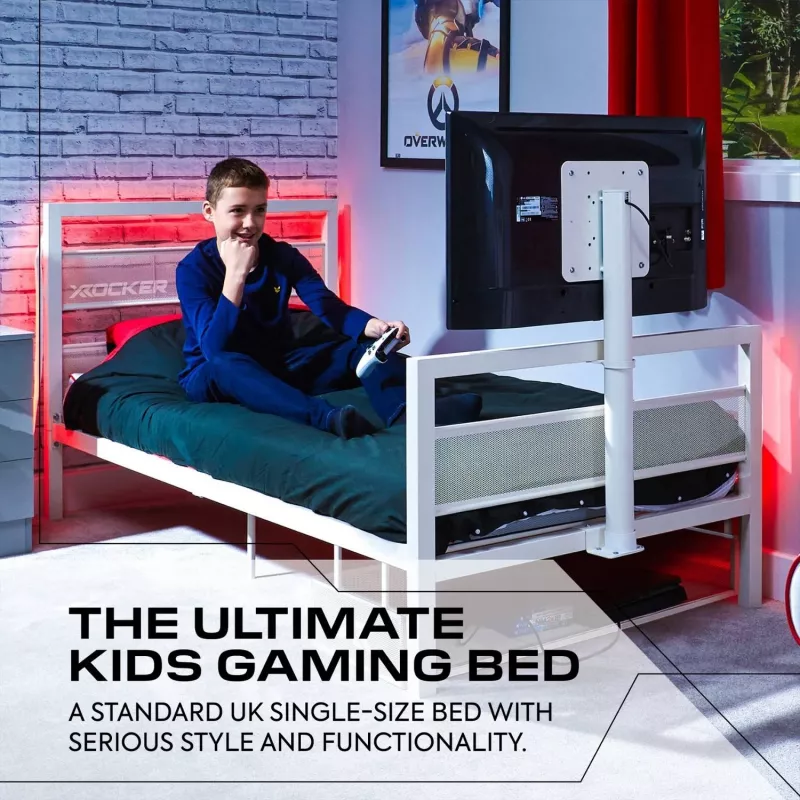 Cama individual de gaming XROCKER 90x190cm com suporte de TV metal branco