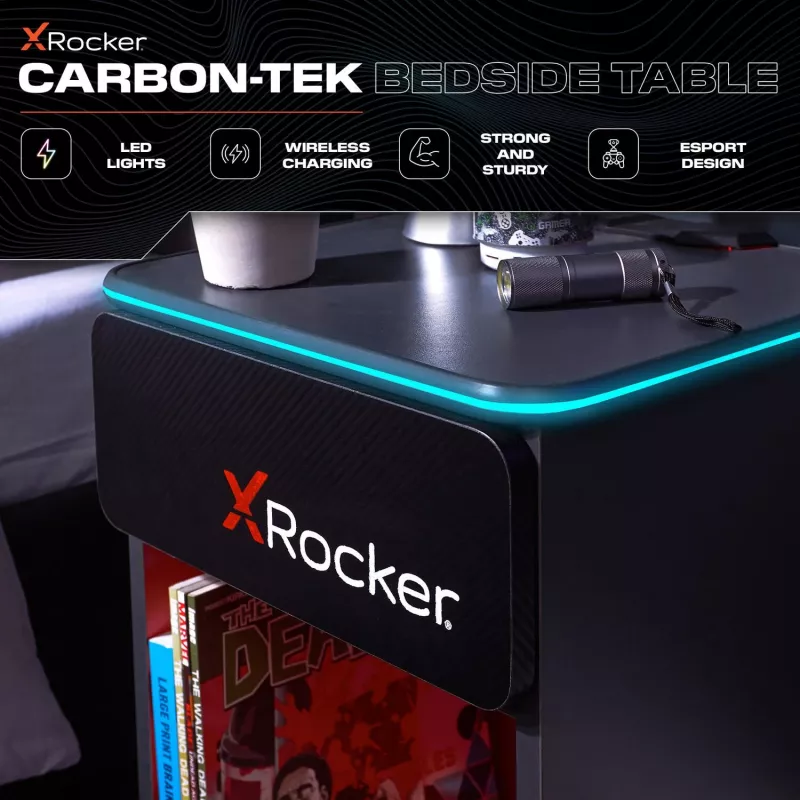 Mesa de cabeceira de gaming X Rocker com iluminação LED RGB, cinzento/vermelho