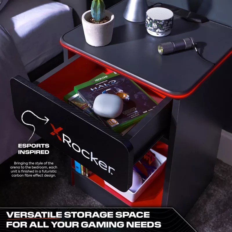 Mesa de cabeceira de gaming X Rocker com iluminação LED RGB, cinzento/vermelho