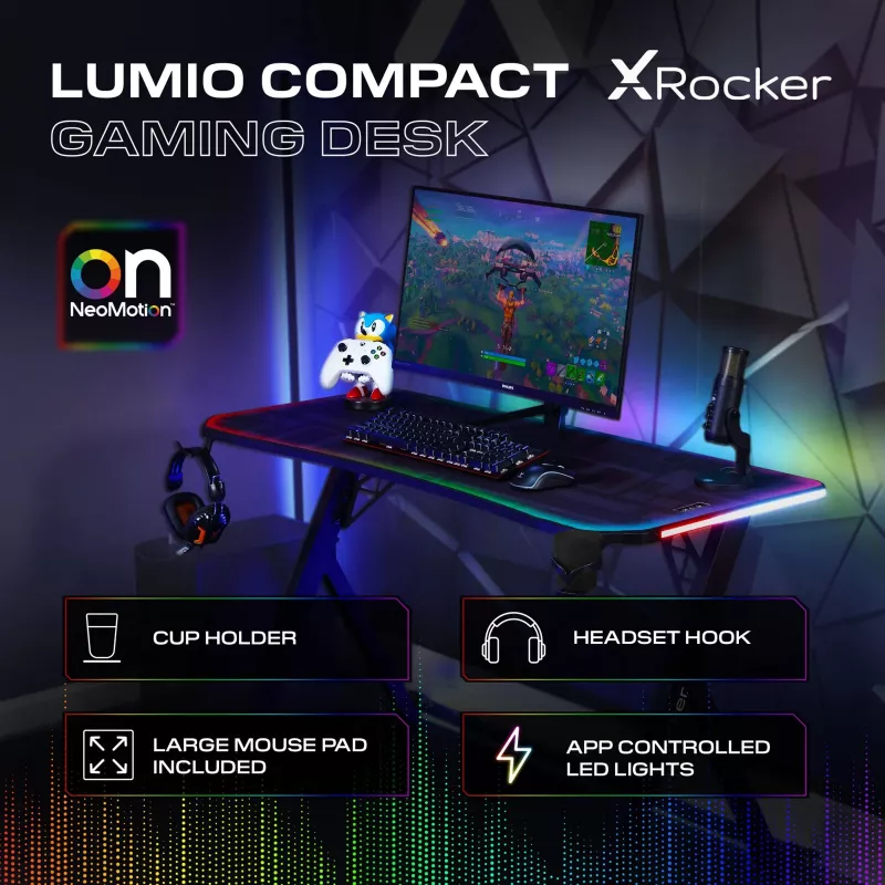 Secretária de gaming X Rocker Lumio RGB com iluminação LED e tapete de rato