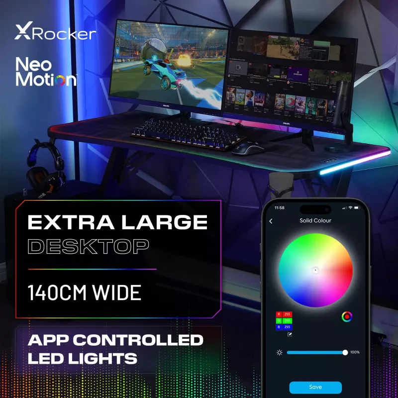 Secretária de gaming X Rocker Lumio XL RGB com iluminação RGB e tapete de rato, 140 cm