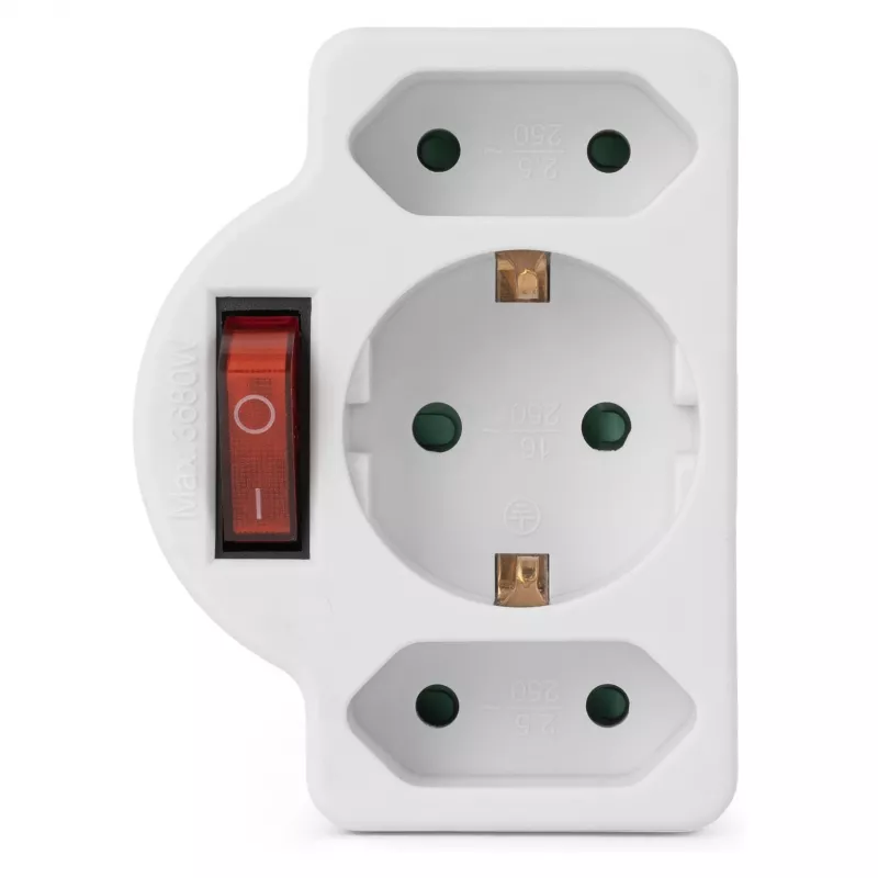 ENTAC Adaptador de tomada de parede 2x Euro 1x Schuko com interruptor Branco