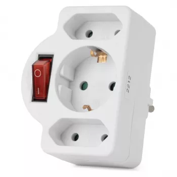ENTAC Adaptador de tomada de parede 2x Euro 1x Schuko com interruptor Branco