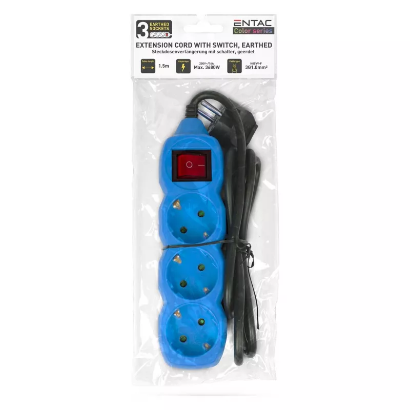 ENTAC Régua de tomadas 3 tomadas 1,5m Interruptor Azul