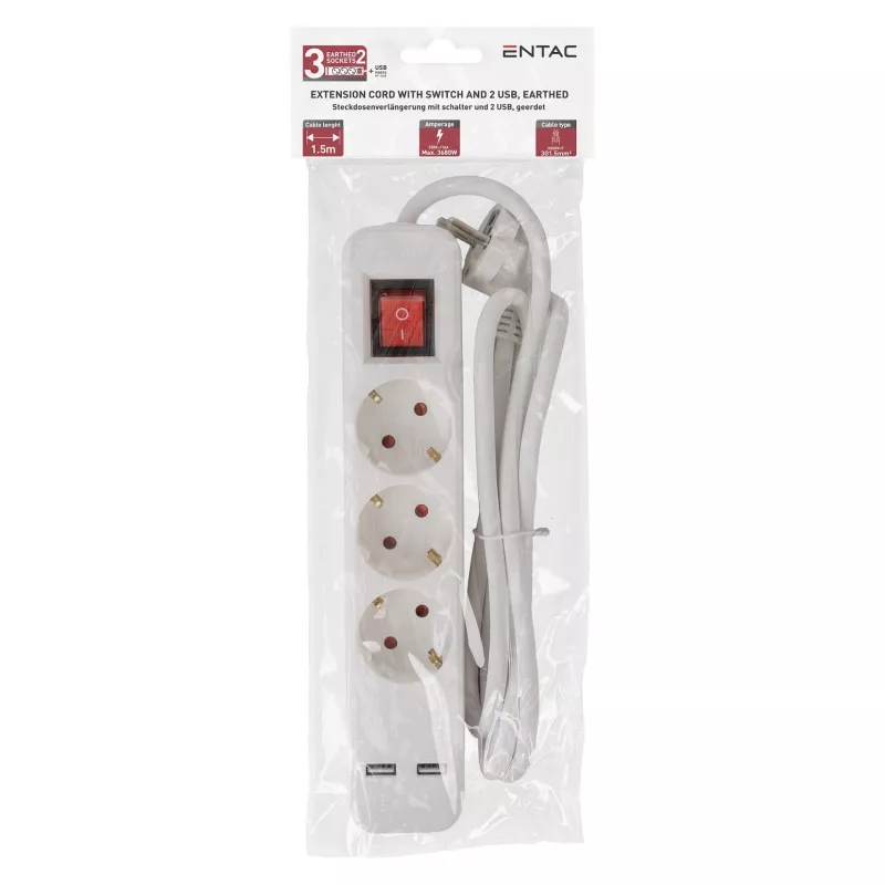 ENTAC Régua de tomadas 3 tomadas com USB 1,5m Interruptor Branco