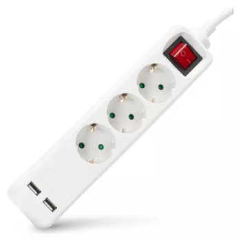 ENTAC Régua de tomadas 3 tomadas com USB 1,5m Interruptor Branco