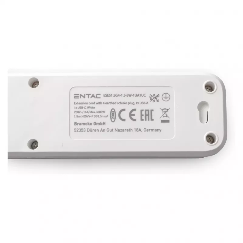 Régua de tomadas ENTAC 4 tomadas com 1x USB-A e 1x USB-C, 1,5 m branca