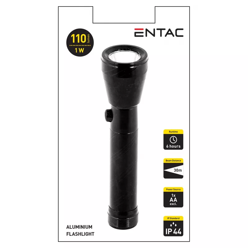 Lanterna LED ENTAC 1W alumínio preta pilha AA