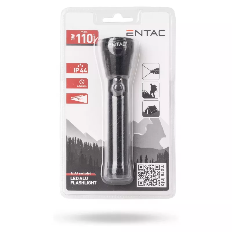 Lanterna LED ENTAC 1W alumínio preta pilha AA