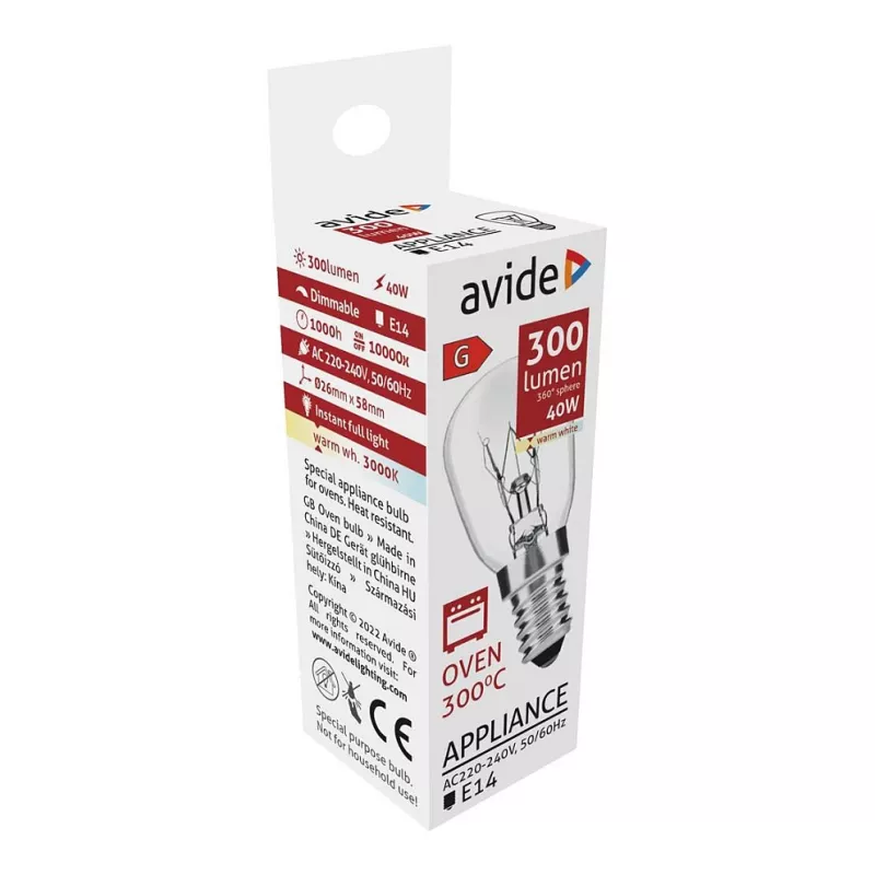 Lâmpada de forno Avide 300°C 300 lm 40W E14 branco quente 3000K