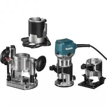 Makita RT0702CX3J fresadora de bordas 710W pinça de 8mm com 3 bases mala MAKPAC
