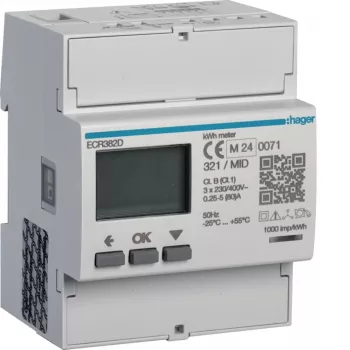 Contador de energia de ligação direta trifásico Hager ECR382D 80A 4 módulos Modbus MID