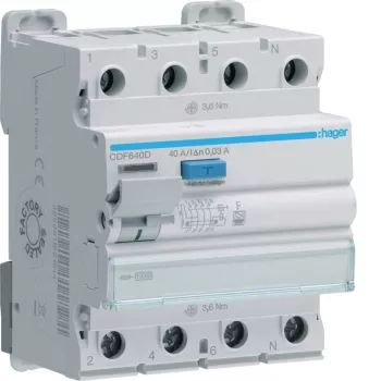 Hager CDF640D interruptor diferencial 4 polos 10kA 40A 30mA tipo F