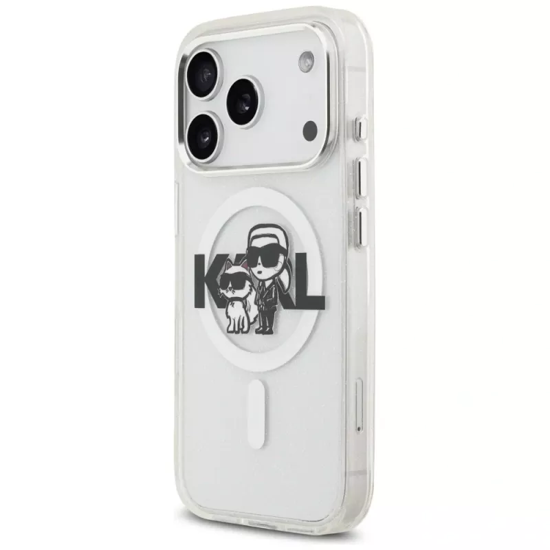 Karl Lagerfeld IML Glitter Karl & Choupette Sketch Logo MagSafe Case para iPhone 17 Pro, transparente