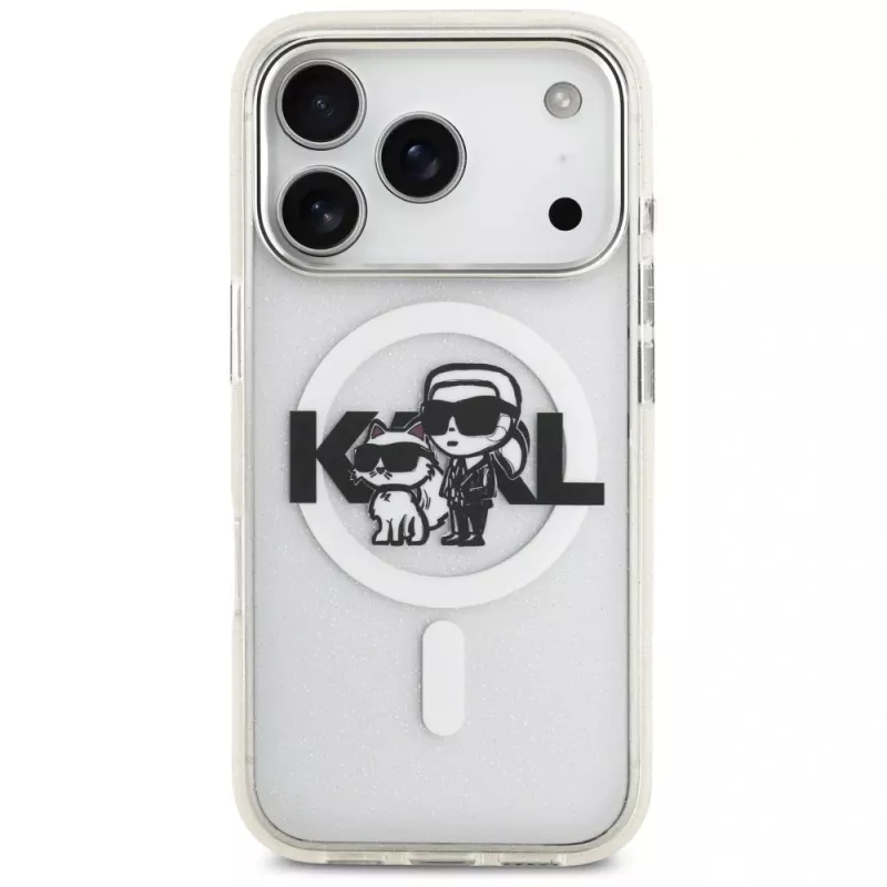 Karl Lagerfeld IML Glitter Karl & Choupette Sketch Logo MagSafe Case para iPhone 17 Pro, transparente